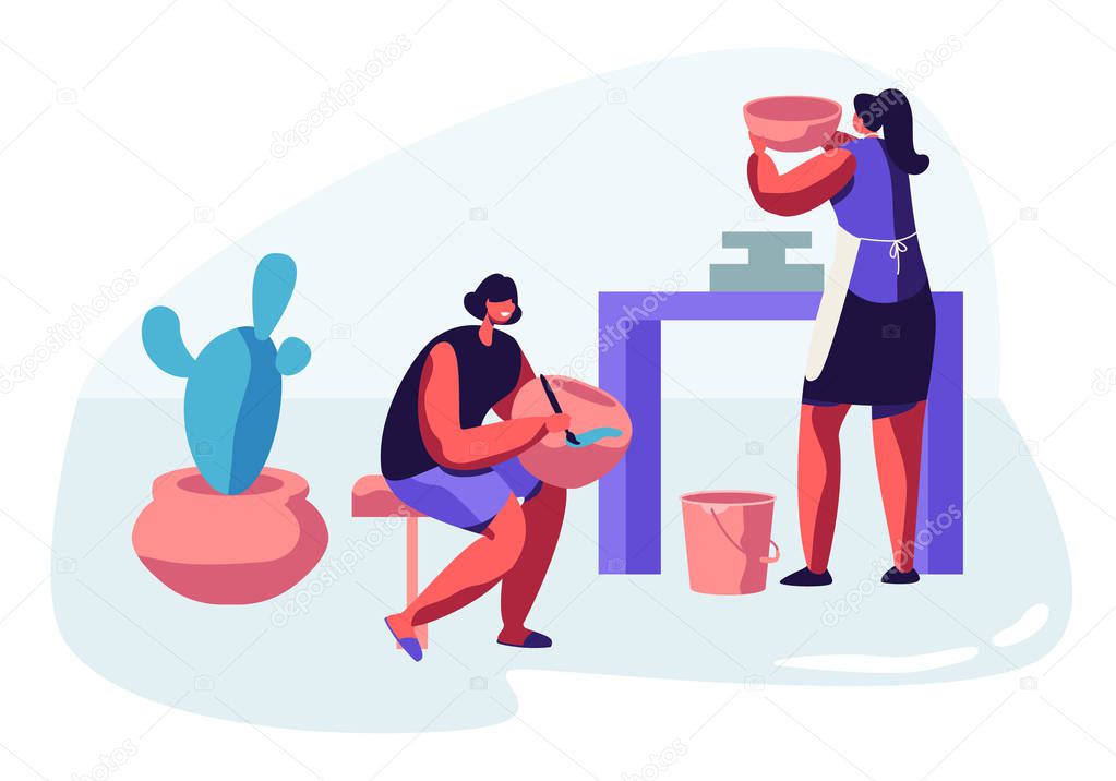Female Characters Painting Pots, Earthenware, Crockery Girls Artists Decorating Ceramics at Pottery Workshop. Enjoying Creative Hobby, Handcrafted Master Class. Cartoon Flat Vector Illustration