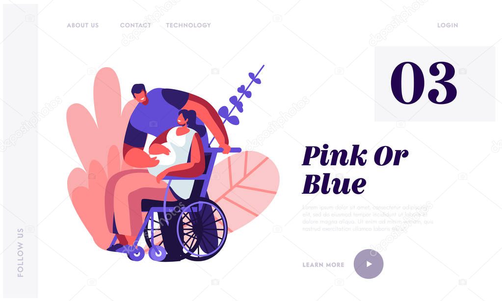 Male Character Touching Belly of Disabled Pregnant Woman on Wheelchair. Happy Family Relations, Pregnancy, People Awaiting Baby Website Landing Page, Web Page. Cartoon Flat Vector Illustration, Banner