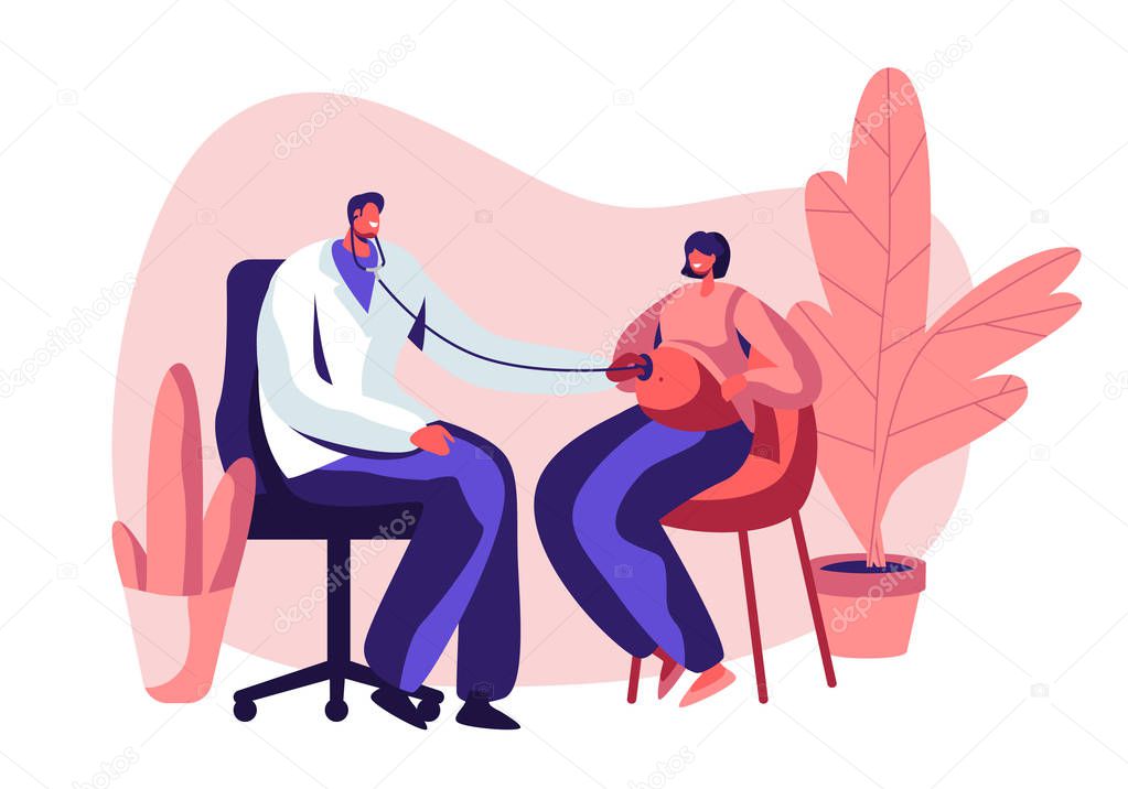 Pregnant Woman at Doctor Appointment in Clinic. Male Doctor Character Listening Baby Heart Beating Put Stethoscope on Female Belly. Pregnancy Check Up, Maternity. Cartoon Flat Vector Illustration