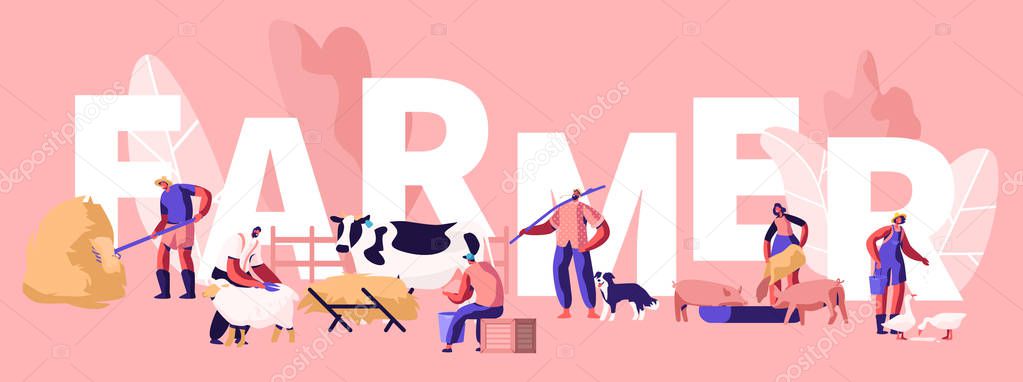 People Doing Farming Job Concept. Farmer Characters Feeding Domestic Animals, Milking Cow, Shearing Sheep, Prepare Hay for Livestock. Poster, Banner, Flyer, Brochure. Cartoon Flat Vector Illustration