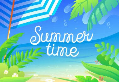 Tropikal Bitkiler, Palmiye Ağacı Yaprakları, Kumlu Plaj, Güneş Şemsiyeve Okyanus Manzaralı Yaz Saati Renkli Banner. Summertime Vacation Event veya Party için Reklam Afişi. Karikatür Vektör İllüstrasyon