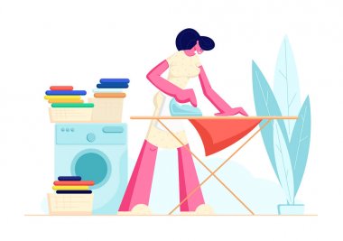 Ev hanımı Ütü Net Keten Evde. Genç Kadın Her Gün Ev Rutin, Makine ve Demir Gemide Çamaşır Çamaşır. Housekeeping Kadın Karakter Ev İşi. Karikatür Düz Vektör İllüstrasyon