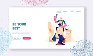 Sakallı Kuaför Berber Erkek Güzellik Salonu Berber dükkanında Genç Erkek Müşteri Saç Kesimi yapıyor. Berber Dükkanı İç Tasarım Web Sitesi Açılış Sayfası, Web Sayfası. Karikatür Düz Vektör İllüstrasyon, Afiş