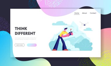 Adam Izliyor ve Mountain View Manzara üzerinde Gökyüzünde Uçan Drone Navigasyon. Quadcopter Uçuşu. Yeni Teknolojiler, Yenilikler. Web Sitesi Açılış Sayfası, Web Sayfası. Karikatür Düz Vektör İllüstrasyon, Afiş