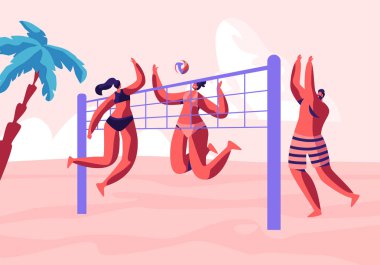 Plaj voleybolu oynayan gençler Palm Trees ve Basket oynuyor. Bikini ve Boy Hit Ball 'daki kızlar. Spor Aktivitesi, Yaz Saati Tatil Eğlencesi Çizgi Film Düz Vektör İllüstrasyonu