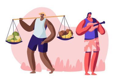 Egzotik Tropikal Ülkede Şehir Plajı'nda Çalışan Yerli Halk. Man Turistlere Meyve Satıyor, Ukulele'de Oynayan Müzisyen Rahatlatıcı İnsanlara. Summertime Sezon Çalışma Karikatür Düz Vektör İllüstrasyon