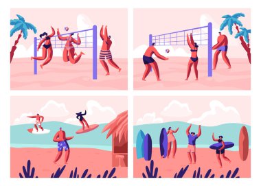Plaj Voleybolu ve Sörf Seti. İnsanlar Deniz Kenarında Ball ile oynarken ve Deniz Dalgaları nda Sörf Kurulları. Yaz Saati Tatil Eğlence, Rekreasyon, Spor Spor Spor Aktivitesi. Karikatür Düz Vektör İllüstrasyon