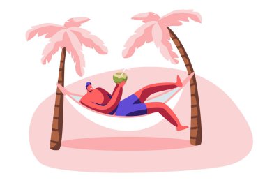 Hamakta elinde hindistan ceviziyle rahatla. Palms 'la Şehir Plajında Yaz Zamanı Tatili. Resort Seaside 'da uzanan Erkek Karakteri İçme Suyu, Tatil Mola Çizgi Filmi Düz Vektör Çizimi