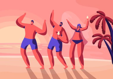 Egzotik Tropik Resort Plaj Partisi. Gençler Dans ve Palms ve Okyanus Manzaralı Sunset Tropikal Manzara Yaz Saatinde Deniz Kenarında Kokteyller İçme. Karikatür Düz Vektör İllüstrasyon