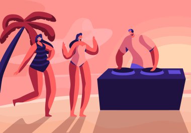 Yaz Sahil Partisi 'nde DJ' lik yaparak Palm Trees 'le Sunset Tropikal Manzarası' nda Modern Müzik çalan Genç Kızlar Yüzme Takım Elbisesi Giyiyor ve Güneş Gözlüğü Dansında Dans Ediyor. Çizgi film Düz Vektör İllüstrasyonu