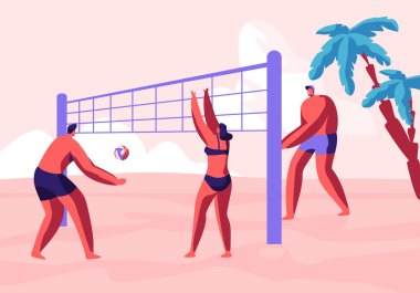 Gençler Takım Palms ile Egzotik Okyanus Sandy Coast Plaj Voleybolu Playing. Oyun Turnuvası, Yaz Tatili Spor Aktivitesi, Eğlence, Eğlence, Sağlıklı Yaşam Tarzı Karikatür Düz Vektör İllüstrasyon