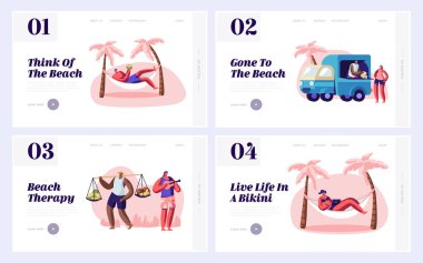 İnsanlar City Beach Web Sitesi Açılış Sayfası Şablonları Set, Lounge Hamak, İçecek Hindistan Cevizi, Satın Meyve, Oyun Ukulele, Web Sitesi Açılış Sayfası, Web Sayfası üzerinde Zaman Harcama. Karikatür Düz Vektör İllüstrasyon, Afiş