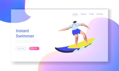 Sörf Spor, Woman Riding Sea Wave Surf Board Yaz Tatilinde Rahatlatıcı, Yaz Su Eğlence Etkinliği, Rekreasyon. Web Sitesi Açılış Sayfası, Web Sayfası. Karikatür Düz Vektör İllüstrasyon, Afiş