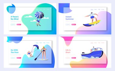 Yaz Sporları Etkinlik Web Sitesi Açılış Sayfası Şablonları Ayarlayın. Sörf, Sup Board, Yamaç Paraşütü, Motorlu Tekne Sürme, Yelken Sporları, Yaz aylarında rahatlayın. Web Sayfası, Karikatür Düz Vektör İllüstrasyon, Banner