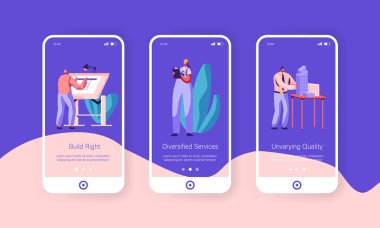 İnsanlar Bina Kavramı Oluşturma. Mimar Çizim Planı, Modelleme Ev Düzeni. İnşaat Servisi Mobil Uygulama Sayfası Web Sitesi veya Web Sayfası için Dahili Ekran Seti, Karikatür Düz Vektör İllüstrasyon