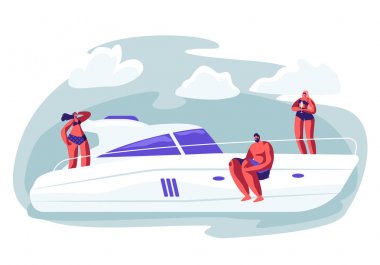Friends Company Ocean Lüks Yat rahatlatıcı. Summertime Vacation, Happy Erkek ve Kadın Karakterler Denizde Gemi Güvertesinde Dinlenme, Şampanya İçme, Güneş Banyo. Karikatür Düz Vektör İllüstrasyon