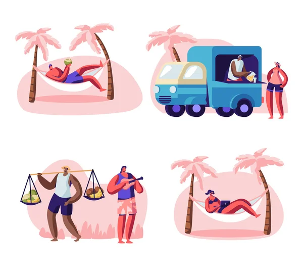 Gente en City Beach Set. Personajes masculinos y femeninos pasan tiempo en la costa tropical, descansando en la hamaca, bebiendo coco, comprando jugos y frutas, jugando Ukulele Cartoon Flat Vector Illustration — Vector de stock