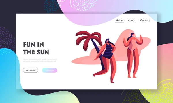 Young Girls vestindo trajes de natação e óculos de sol na praia com palmeiras. Tropical Resort Litoral, Férias de Verão, Site de Lazer Landing Page, Página da web. Desenhos animados Flat Vector Ilustração, Banner —  Vetores de Stock