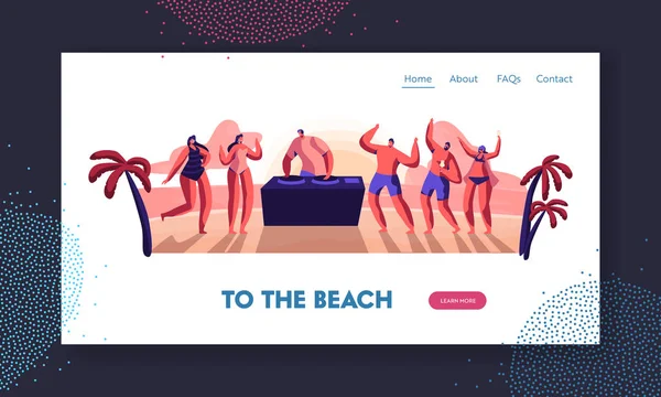 Άνθρωποι που χορεύουν και πίνουν κοκτέιλ στη θάλασσα στο καλοκαίρι ώρα παραλία πάρτι με DJ παίζοντας μουσική στο Sunset τροπική τοπίο ιστοσελίδα προορισμού σελίδα, ιστοσελίδα. Κινούμενα σχέδια επίπεδη απεικόνιση, πανό — Διανυσματικό Αρχείο