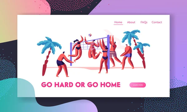 Pessoas a jogar voleibol de praia à beira-mar. Atividades Esportivas em Lugar Tropical Exótico em Férias de Verão Lazer, Site de Recreação Landing Page, Web Page. Desenhos animados Flat Vector Ilustração, Banner — Vetor de Stock