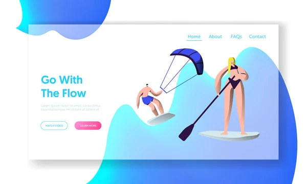 Mensen ontspannen tijdens de zomer vakantie, watersport activiteit. Sup Board, Kitesurfen Leisure, Resort Active Recreation, sport website landing page, webpagina. Cartoon platte vector illustratie, banner — Stockvector