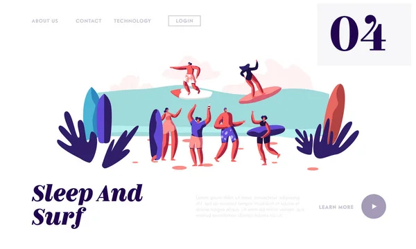 Surfers Riding Sea Wave on Boards and Relax on Sandy Beach, Summertime Vacation, Leisure, Surf Party, Sport, Summer Activity Website Landing Page, Web Page. Illustrazione vettoriale piatta del fumetto, bandiera — Vettoriale Stock