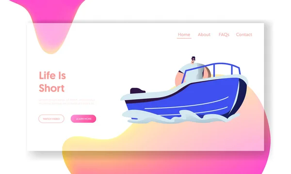 Man Riding Motor Boat no mar. Lazer aquático, Lifesaver no trabalho, Atividade esportiva de horário de verão, Férias, Lazer, Site de recreação de viagem Página inicial, Página da web. Desenhos animados Flat Vector Ilustração, Banner —  Vetores de Stock