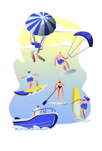 Mensen zomer sportactiviteit. Surfen, sup Board, paragliding, motor boot rijden, zeilen. Sport mannen en vrouwen ontspannen op zomer vakantie, Leisure sport recreatie cartoon platte vector illustratie — Stockvector