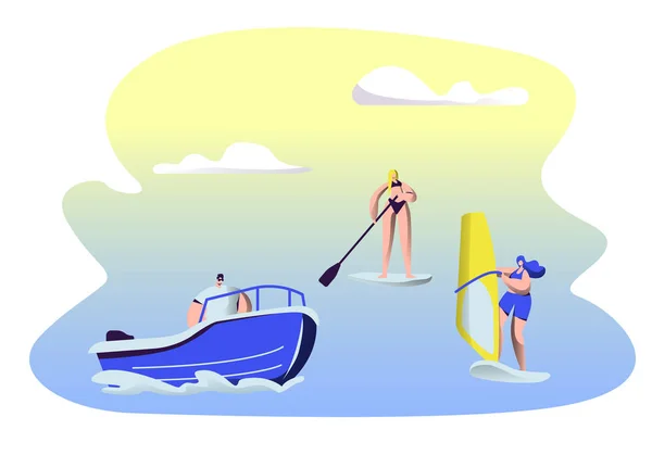 Люди літній водних видів спорту діяльності. Серфінг, SUP борту, моторний човен їзда, вітрильний спорт. Чоловіки і жінки відпочивають в літній час відпочинок, дозвілля, курорт активний відпочинок мультфільм плоский Векторна ілюстрація — стоковий вектор