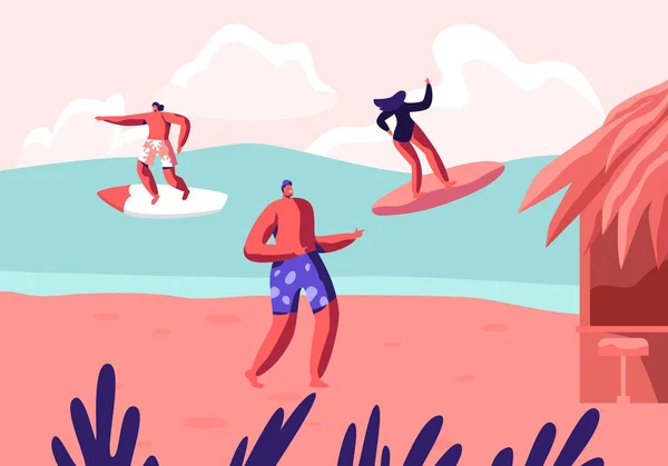 Giovani surfisti che cavalcano l'onda del mare sulle tavole da surf e si rilassano sulla spiaggia di sabbia estiva. Festa estiva, Vacanza, Tempo libero Surf Sport, Attività ricreative, Attività sportive, Resort Cartoon Flat Vector Illustrazione — Vettoriale Stock