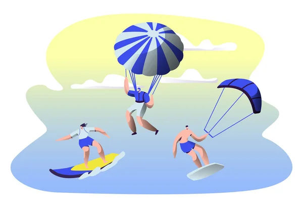 Summer Time Water Leisure Sports Activity. Surfing, Kitesurfing, Paragliding, Skydiving. Sports Men and Women Relax at Summertime Vacation, Leisure, Sport Recreation. Cartoon Flat Vector Illustration