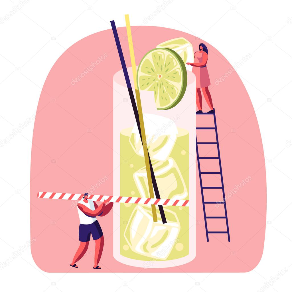 Tiny People on Ladder Put Slice of Lime to Big Glass with Juice, Ice Cubes and Straw. Male and Female Characters Drinking Cold Drinks and Sweet Beverage at Summer Time Cartoon Flat Vector Illustration