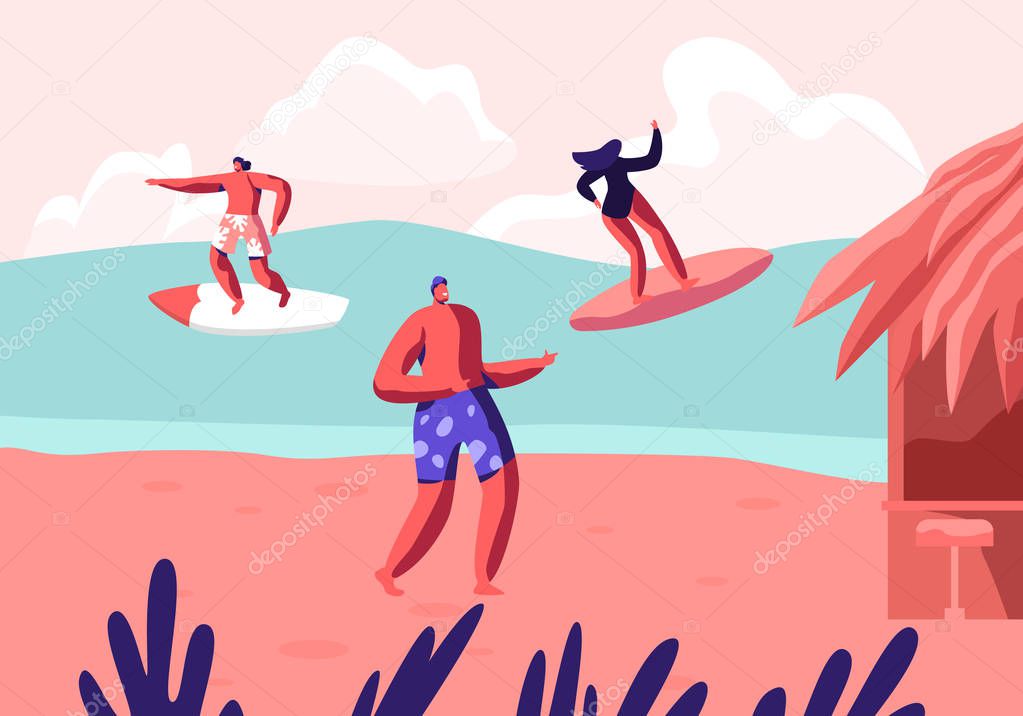 Young Surfers Riding Sea Wave on Surf Boards and Relaxing on Summer Sandy Beach. Summertime Party, Vacation, Leisure Surfing Sport, Recreation, Sports Activity, Resort Cartoon Flat Vector Illustration