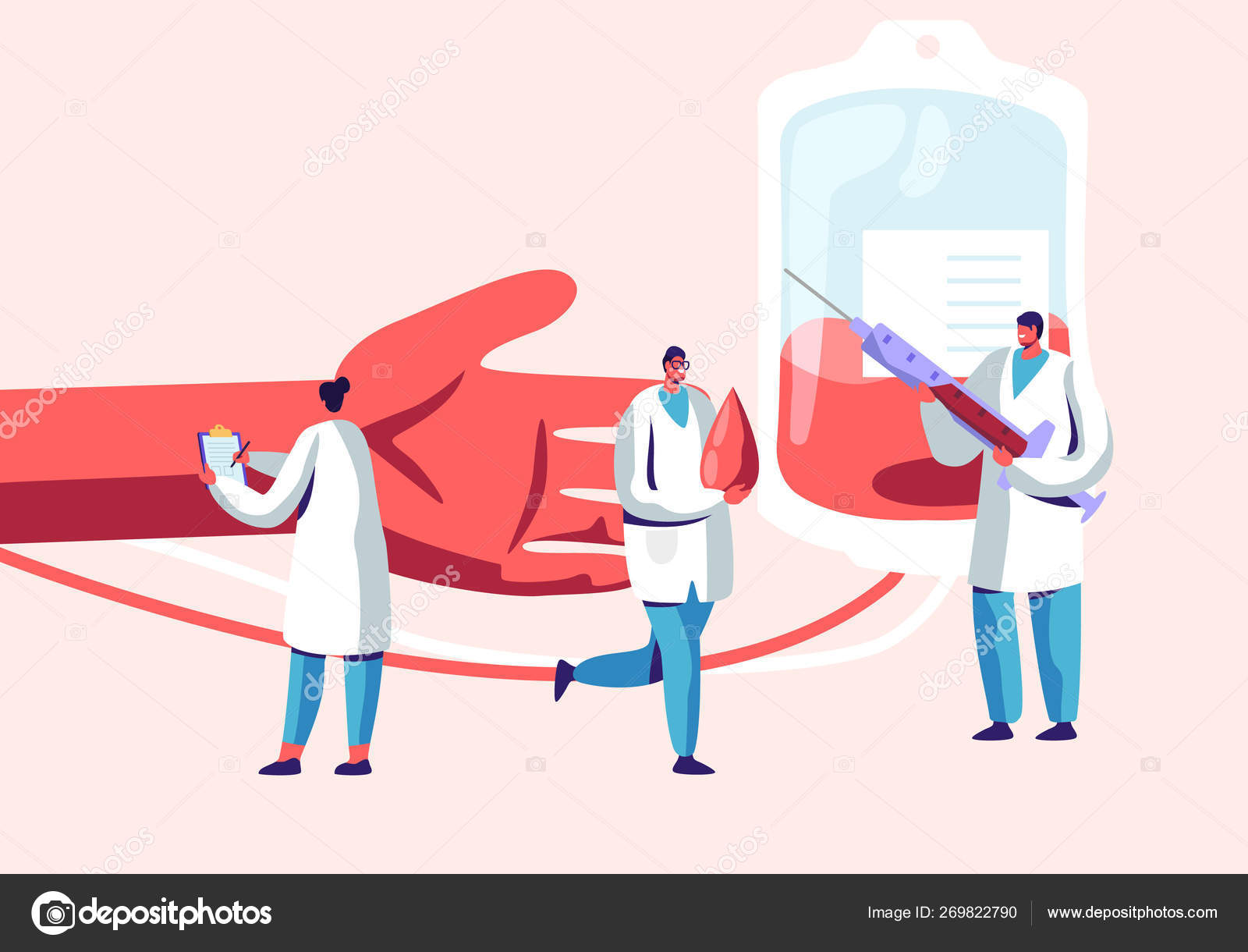 Blood Donation. Male, Female Characters in Medical Uniform Making Lifeblood  Transfusion from Human Hand to Plastic Container. Donation Laboratory,  Healthcare,  Flat Vector Illustration Stock Vector Image by  ©vectorlab #269822790