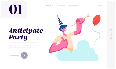 Komik Festival Şapka Oyun Boru, Doğum Günü Partisi Kutlama, Tatil Etkinliği, Balonlar ile Tebrik Genç Adam Sevin. Web Sitesi Açılış Sayfası, Web Sayfası. Karikatür Düz Vektör İllüstrasyon, Afiş