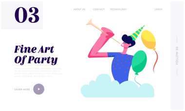 Doğum Günü Partisi Kutlaması, Şenlikli Şapka Oyun Piposunda Erkek Karakterini Sevindir, Tatil Etkinliği, Balonlar ile Tebrik Edin. Web Sitesi Açılış Sayfası, Web Sayfası. Karikatür Düz Vektör İllüstrasyon, Afiş