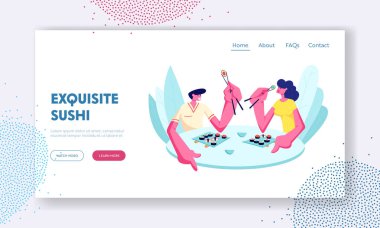 Genç mutlu çift Japon Kafe veya Restoranında Suşi ve Rolls with Sticks yiyor. Randevu, hafta sonu tatili, dinlenme, boş zaman. Web sitesi İniş Sayfası, Web Sayfası. Çizgi film Düz Vektör İllüstrasyonu, Banner
