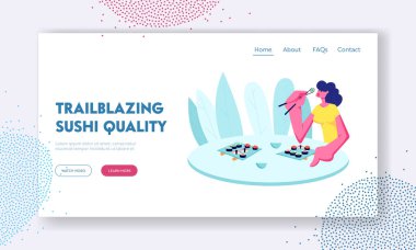 Restoran Chopsticks ile Sushi ve Rolls Yeme Kız. Genç Mutlu Kadın Karakter Japon Gıda Zevk, Hafta sonu Eğlence Web Sitesi Açılış Sayfası, Web Sayfası. Karikatür Düz Vektör İllüstrasyon, Afiş