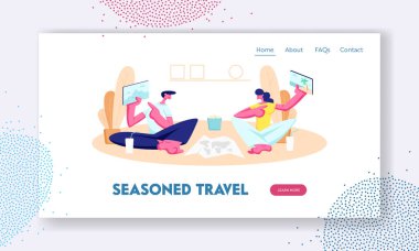 Genç Adam ve Kadın Birbirlerine Seyahat Yeri Resimleriyle Tabletleri Gösteriyorlar. Tatil için Seçenek Seyahat Yolu, Gadget. Web sitesi İniş Sayfası, Web Sayfası. Çizgi film Düz Vektör İllüstrasyonu, Banner