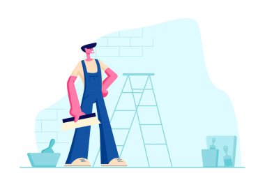Elinde Scrapper ile Mavi Tulum Profesyonel Ev Geliştirme Master. Araç lı İnşaat İşçisi. Üniforma erkek karakter ve Ev Onarım için Ekipman. Karikatür Düz Vektör İllüstrasyon