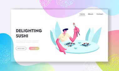 Genç Mutlu Erkek Karakteri Japon yemeklerini seviyor, Japon Lokantası 'nda suşi ve çubuklarla Rolls Royce yiyor. Web sitesi İniş Sayfası, Web Sayfası. Çizgi film Düz Vektör İllüstrasyonu, Banner