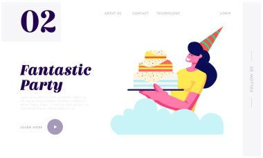 Neşeli Gülen Kız Şenlikli Çizgili Şapka Holding Pasta. Doğum Günü Partisi Kutlama, Tatil, Sevinmek Kadın, Tebrik Web Sitesi Açılış Sayfası, Web Sayfası. Karikatür Düz Vektör İllüstrasyon, Afiş