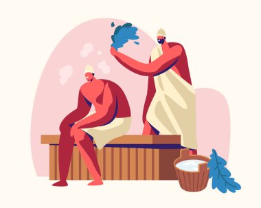 Sauna Spa Su Prosedürü. Gevşeme, Vücut Bakım Terapisi, Banyoda Buhar Odasında Ahşap Bankta Oturan Çift Süpürge, Sağlık, Hijyen, Karikatür Düz Vektör İllüstrasyon