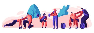 Koç Yardımı ile Spor Salonunda İnsanlar Eğitim. Ağırlık ve Halter ile Spor Giyim Egzersiz Erkek ve Kadın Karakterler. Eğitim, Egzersizler, Spor Aktivitesi, Sağlıklı Yaşam. Karikatür Düz Vektör İllüstrasyon
