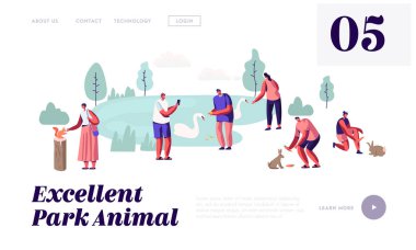 İnsanlar Animal Park'ta vakit geçiriyor. Vahşi Hayvanlarla Açık Hava Hayvanat Bahçesi'nde Eğlence, Beslenme, Oyun, Fotoğraf Çekmek, Boş Zaman. Web Sitesi Açılış Sayfası, Web Sayfası. Karikatür Düz Vektör İllüstrasyon, Afiş