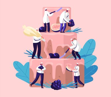 İnsanlar Krema ve Çilek ile Festive Cake Cook. Şef Üniforma ve Cap Dekorasyon Büyük Pasta Tiny Karakterler. Takım Çalışması, Fırın, Doğum Günü veya Düğün Karikatür Düz Vektör İllüstrasyon için Dev Tatlı