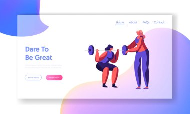 Spor salonunda ağırlıkla çömelmiş bir kadın, antrenmanda yardımcı koç. Spor Giyinen Kız Egzersiz, Spor Aktivitesi Yaşam Tarzı. Web sitesi İniş Sayfası, Web Sayfası. Çizgi film Düz Vektör İllüstrasyonu, Banner
