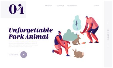 İnsanlar Açık Hayvanat Bahçesi, İletişim ve Vahşi Hayvanlar, Beslenme Tavşan, Yaz Leisure, Animal Park Web Sitesi Açılış Sayfası, Web Sayfası ile Oyun Zaman Harcama. Karikatür Düz Vektör İllüstrasyon, Afiş