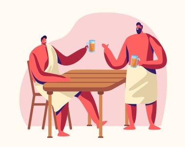 Buhar Odasında Oturan Adamlar İçme Ayısı. Sauna ve Spa Su Prosedürleri. Gevşeme, Vücut Bakım Terapisi, Ahşap Banyo, Sağlıklı Yaşam, Hijyen, Hafta Sonu Boş Zamanları, Boş Zaman. Karikatür Düz Vektör İllüstrasyon