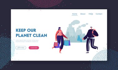 Hava Kirliliği, Koruyucu Maskeler İnsanlar Duman Arka Yontma Fabrika Boruları Üzerinde Yürüyün. Her Gün Yaşam, Ekoloji Koruma. Web Sitesi Açılış Sayfası, Web Sayfası. Karikatür Düz Vektör İllüstrasyon, Afiş